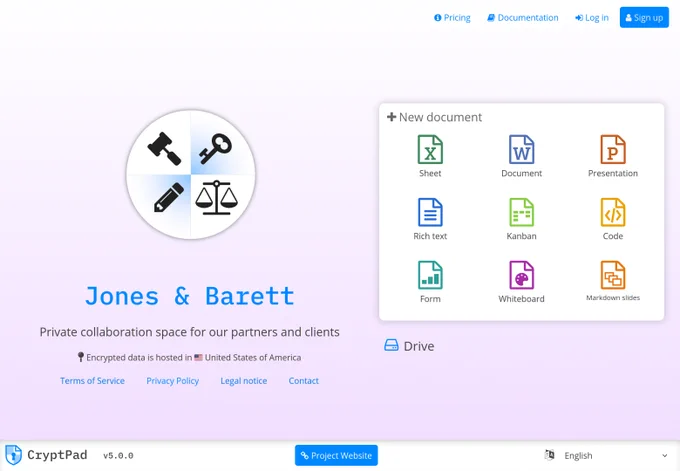 customized CryptPad instance with a purple background and a logo for "Jones & Barett" that looks a bit like a law firm