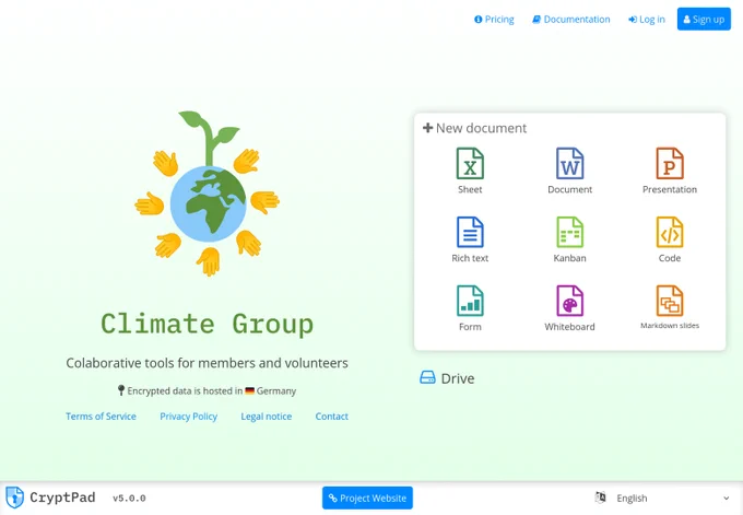 customized CryptPad instance with a green background and a logo for "Climate Group"
