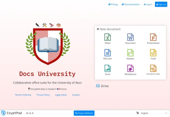 customized CryptPad instance with a red background and a logo for "Docs University"