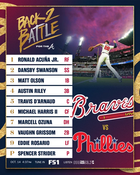 Acuña Jr., Swanson, Olson, Riley, d'Arnaud, Harris II, Ozuna, Grissom, Rosario. Spencer Strider on the mound.