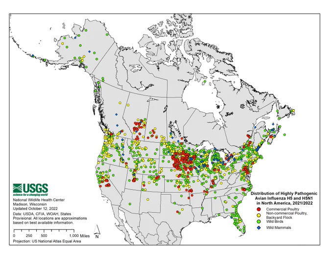 Distribution of Highly Pathogenic Avian Influenza H5 and H5N1 in North America, 2021/2022. Updated Oct 12, 2022.