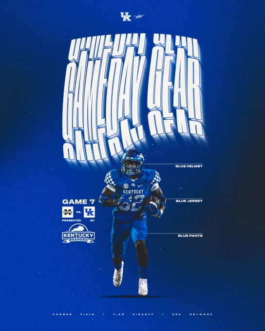 Gameday Gear: Trevin Wallace wearing blue helmet, blue jersey, blue pants for Game 7. Mississippi State vs. Kentucky. Presented by Kentucky Branded. 