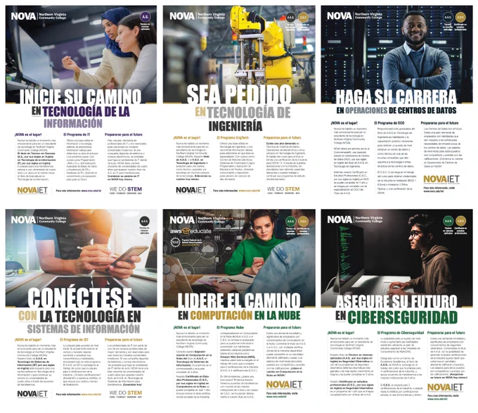 A composite image of the front page of each of our 6 IET program flyers in Spanish. Two rows of 3 images each. Information Technology, Engineering Technology, Data Center Operations, Information Systems Technology, Cloud Computing, and Cybersecurity. https://www.nvcc.edu/iet #InDemandTech