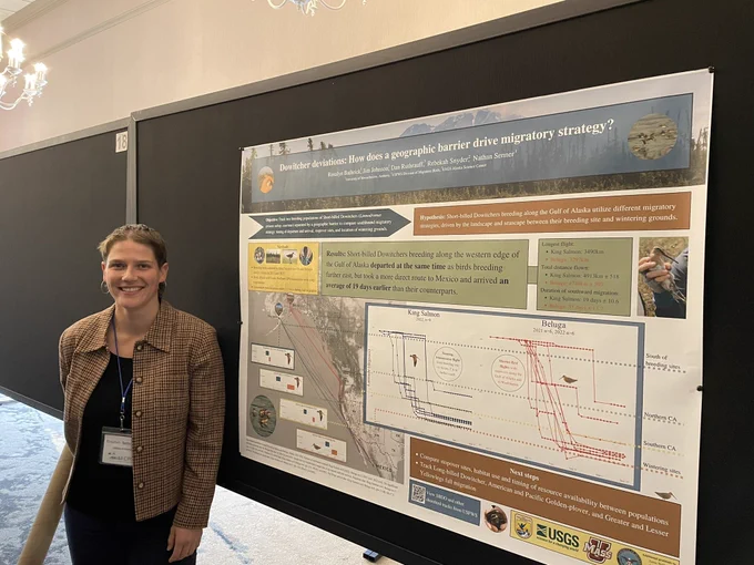 me standing next to a scientific poster titled “Dowitcher Deviations: How does a geographic barrier drive migratory strategy?”