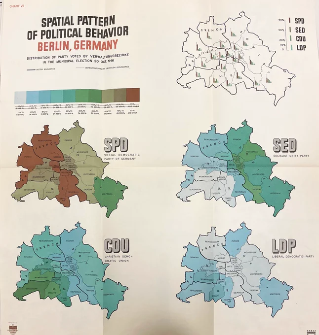 5 maps on one sheet slowing voting results in Berlin with stark differences between the East and West