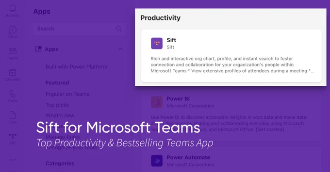 A screenshot of Microsoft Teams app store with a text overlay that displayed "Sift for Microsoft Teams / Top Productivity & bestselling Teams app"