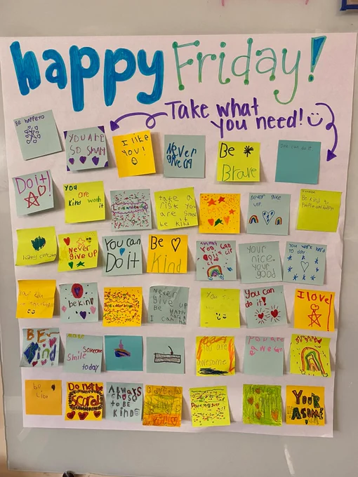 Display titled "Happy Friday! Take what you need :)". Below the title, students have written encouraging messages on post-it notes, such as "Be brave," "I like you!," and "Never give up."