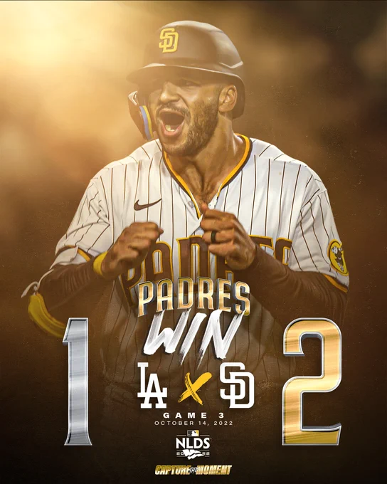 Trent Grisham celebrates after his home run on Friday in Game 3 of of the NLDS. Padres Win graphic. 

Final score: Padres 2, Dodgers 1
