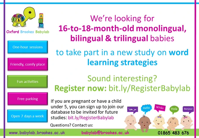 Main text: We're looking for 16-to-18-month-old monolingual, bilingual & trilingual babies to take part in a new study on word learning strategies. Sound interesting? Register now: bit.ly/RegisterBabylab 
If you are pregnant or have a child under 5, you can sign up to join our database to be invited for future studies: bit.ly/RegisterBabylab
Side text:
- One hour sessions
- Friendly comfy place
- Fun activities
- Free parking
- Open 7 days a week
