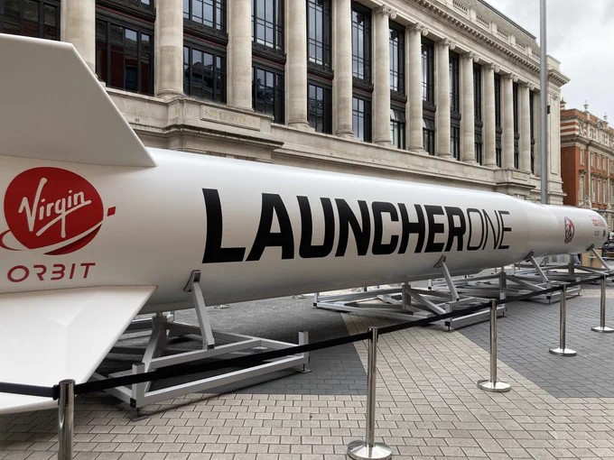 Launcher One replica rocket outside the Science Museum.