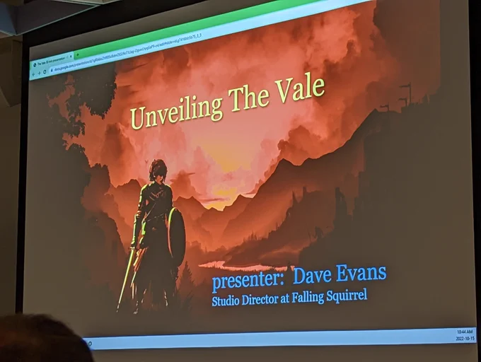 Slide: Unveiling the Vale
presenter: Dave Evans
Studio Director at Falling Squirrel

Image of a sword and shield-wielding woman on a red background of misty mountains