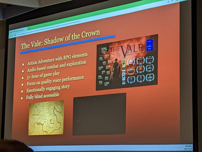 The Vale: Shadow of the Crown

• Action Adventure with RPG elements
• Audio based combat and exploration
• 5  hour of game play
• Focus on quality voice performance
• Emotionally engaging story
• Fully blind accessible

Images of game map, game title with various award banners overlaid.