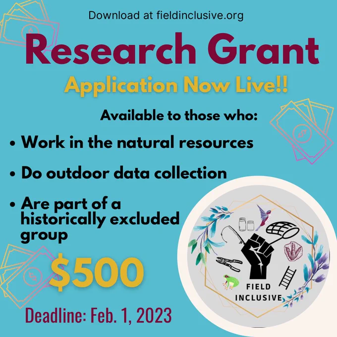 Graphic announcing new Research Grant. Available to those who 1) work in the natural resources, 2) do outdoor data collection, and 3) are part of a historically excluded group. $500. Deadline Feb. 1, 2023