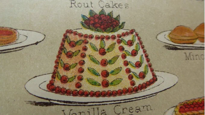 Detail of a cake in a Mrs. Beeton cookery book.