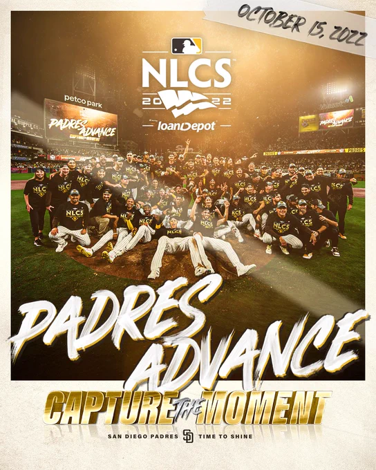 Capture The Moment Padres Advance Polaroid graphic with a photo of the team on the mound after beating the Dodgers in the NLDS