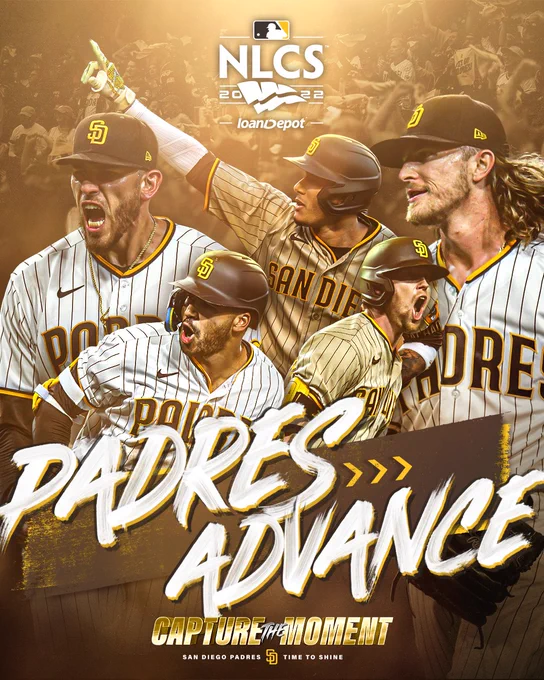 Brown and gold Capture The Moment Padres Advance to the NLCS graphic