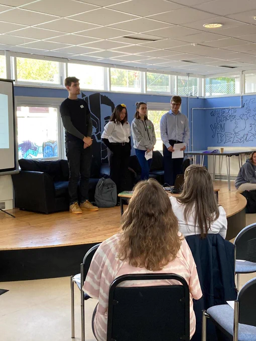 Left to right. 
Otto (Deputy MYP for Exeter)
Meg (Deputy MYP for Teignbridge and South Hams)
Emiko (MYP for Mid and east Devon)
Joe (MYP for Teignbridge and South Hams)
Giving our presentation at Tiverton Youth centre on focus groups and voice voice