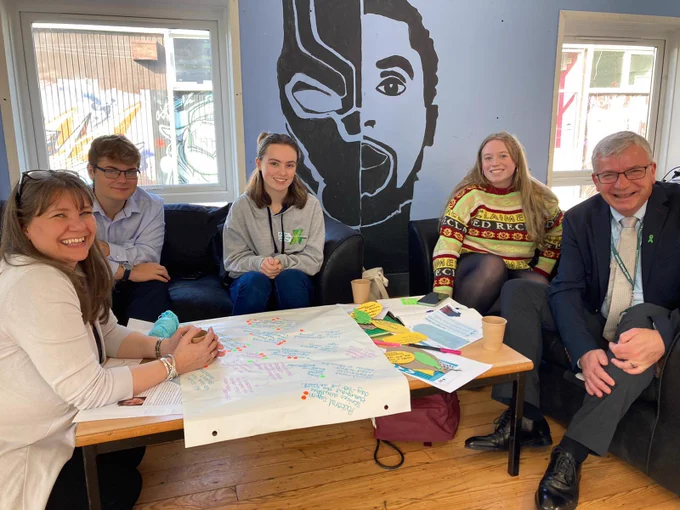 Left to Right. 
Education leader in Devon, Joe Evans MYP, Emiko Lestrange MYP, representatives from Sparkuk and Cllr Ian Hall. 
Discussing the struggles of education and fair funding.