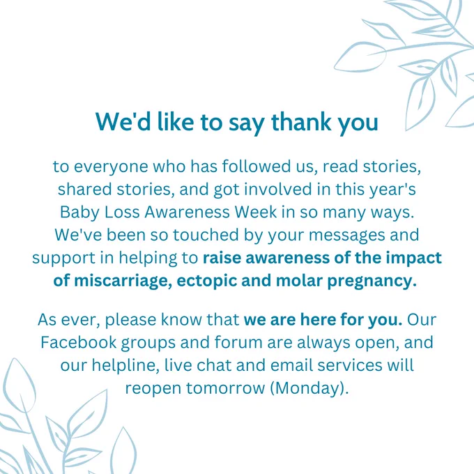 A thank you message to all who have been involved with Baby Loss Awareness Week. The text is framed by outline drawings of blue leaves.