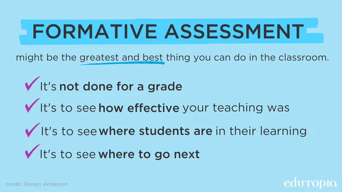 Formative assessment might be the greatest and best thing you can do in the classroom.

- It’s not done for a grade.
- It’s to see how effective your teaching was.
- It’s to see where students are at in their learning.
- It’s to see where to go next.

Credit: Steven Anderson