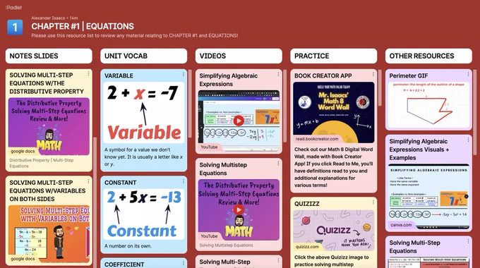Padlet displaying resources relating to solving equations.