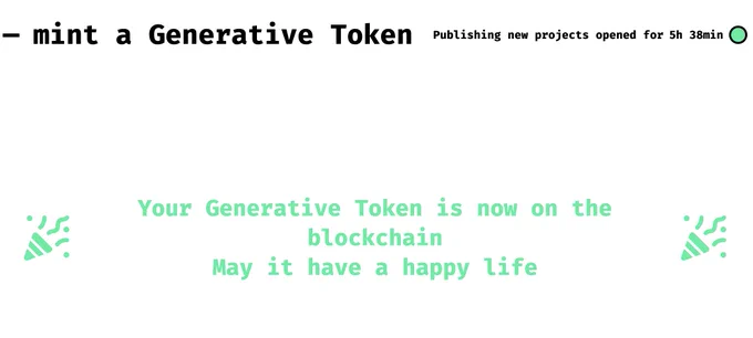 A screenshot of fxhash where it says "Your generative Token is now on the blockchain. May it have a happy life"