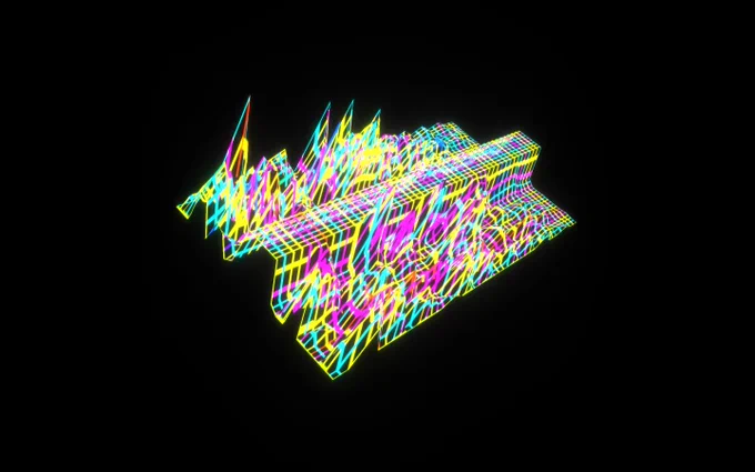 Generated landscape with a lot of mountains, a elevated road in the middle, a colorful grid pattern and a glow effect