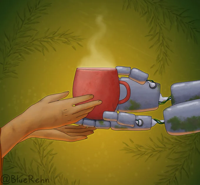 A digital drawing of a pair of human hands and a pair of robot hands exchanging a red mug of tea, on a green-orange background bordered by rosemary leaves. Hands are notoriously difficult to draw, so the artist foolishly decided to draw nothing but hands - her younger self would be proud