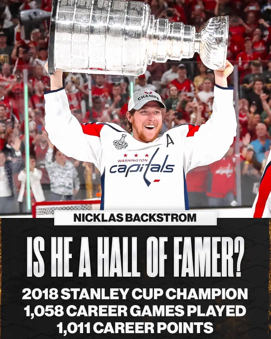 Top: Nicklas Backstrom hoisting the Stanley Cup in a Washington Capitals away uniform.
Bottom: White text on black background, reading, "Nicklas Backstrom. Is he a Hall of Famer? 2018 Stanley Cup champion. 1,058 career games played. 1,011 career points."