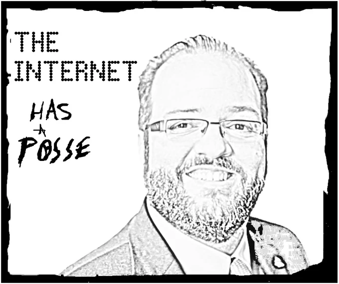 A sticker design, white on black. A somewhat cherubic image of Joe in black and white and the phrase "The Internet has a Posse" next to Joe's head with "the Internet" written in dot-matrix font and "has a posse" written in Sex Pistols-esque writing. Border is erratic but black, like an old film exposure.