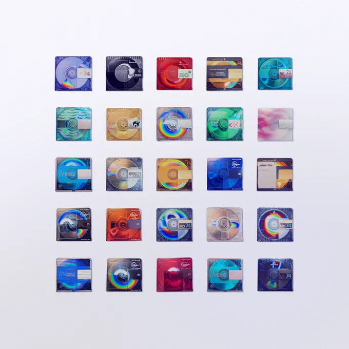 minidiscs photographed in grid layout. multiple colours and styles.