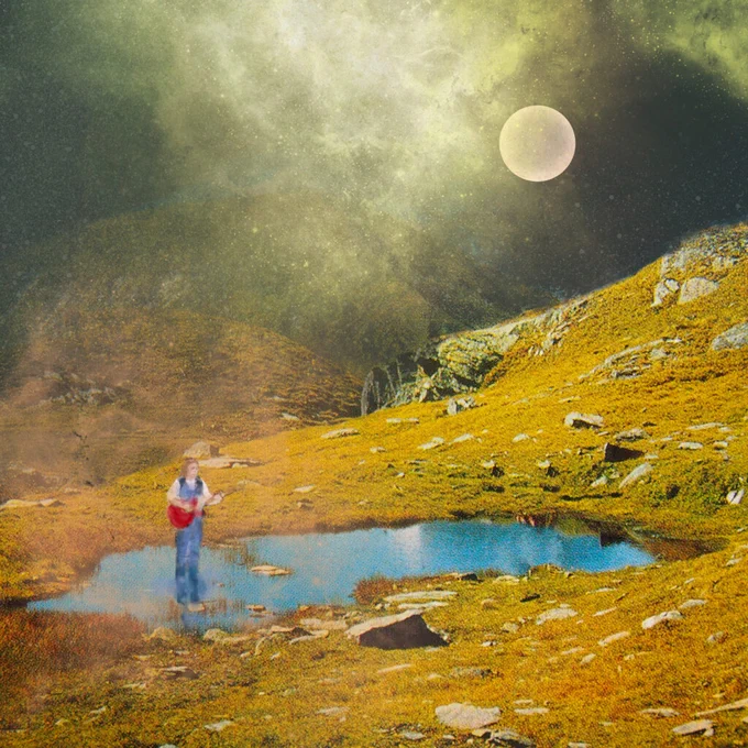 The cover artwork for Kitty's EP, an illustration/painting of a small figure playing guitar amongst a landscape of hills, grass, rocks and water, with a moon shining in the sky behind. 