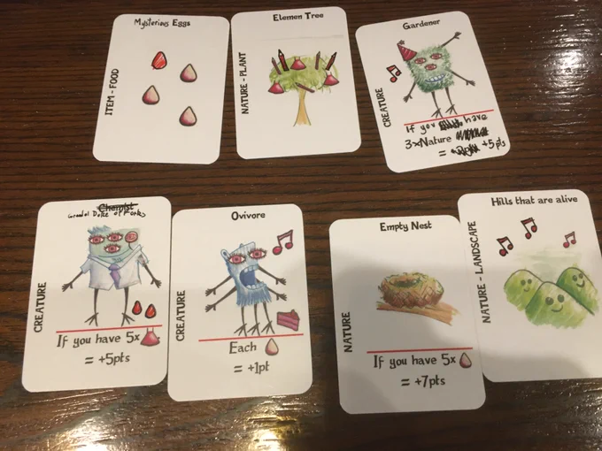 7 cards with creatures, an empty nest, mysterious eggs, and hills that are alive.