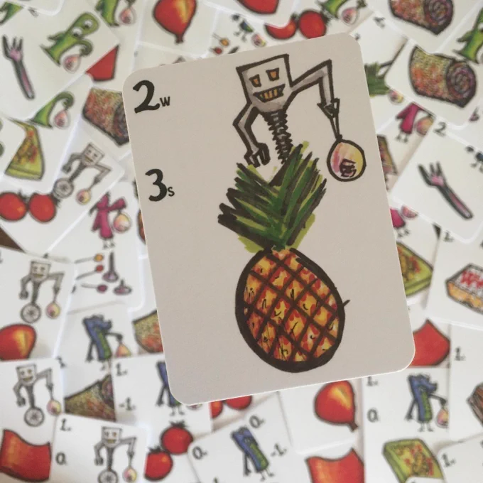 a card with pineapple/robot, drawn in a quick way