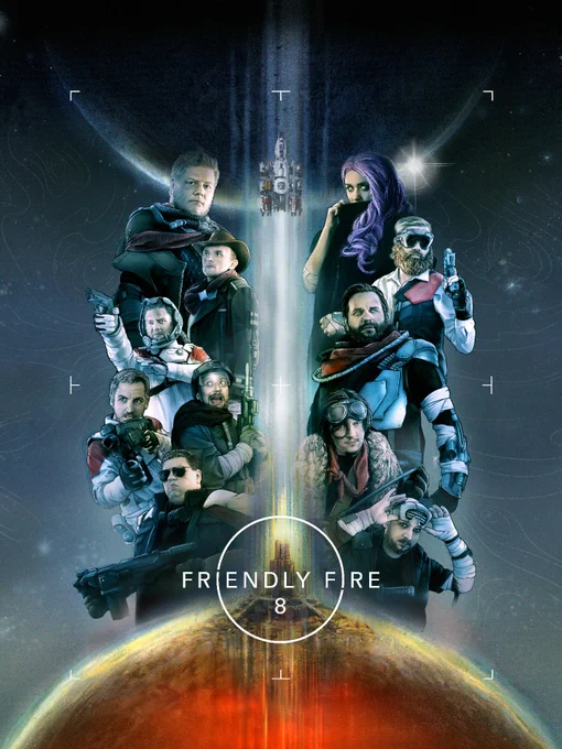 Keyart von Friendly Fire 8. Starfield Keyart mit allen Creator:innen. Ein Planet von dem eine Rakete abhebt in der Mitte. Darüber das Runde Logo mit "Friendly Fire 8". Alle Creator sind in Klamotten der verschiedenen Starfield Fraktionen gekleidet. Manche halten Waffen. Im Hintergrund ist das Weltall.