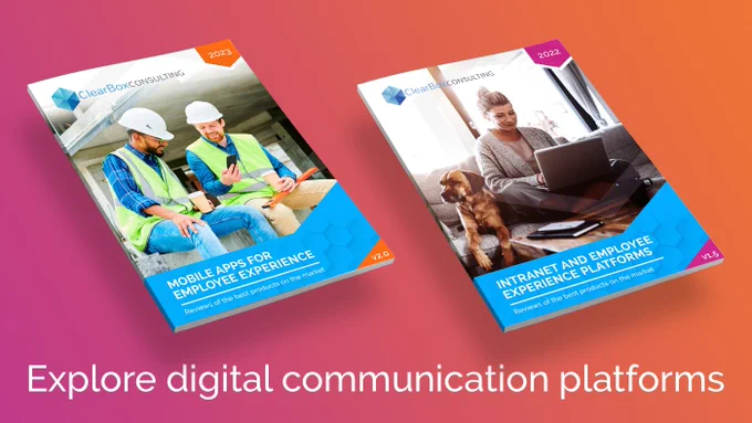 Two reports in 3D hover over a gradient colour background. One is for mobile employee apps, one is for intranet products.