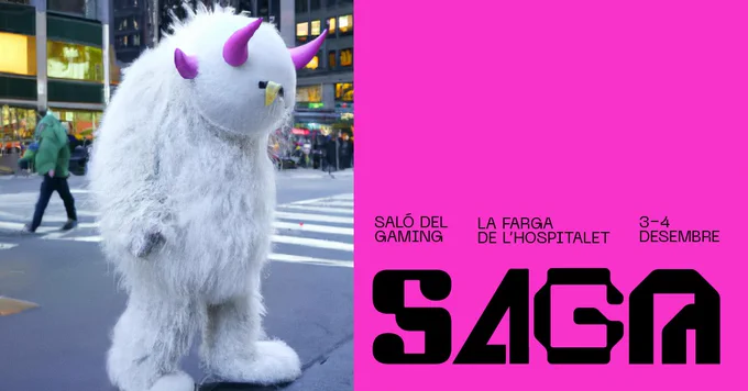 Cartell del Saló SAGA de videojocs, que organitza Plataforma per la Llengua. Hi apareix un animal fet amb IA a l'esquerra.
