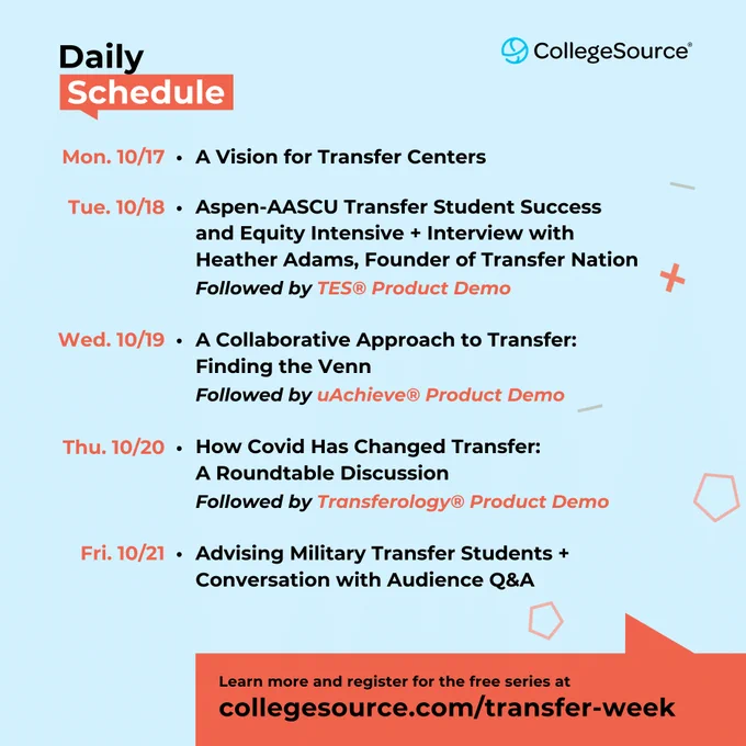 Daily Schedule of the Transfer Week Webinar Series. The sessions and registration can be found at collegesource.com/transfer-week.
