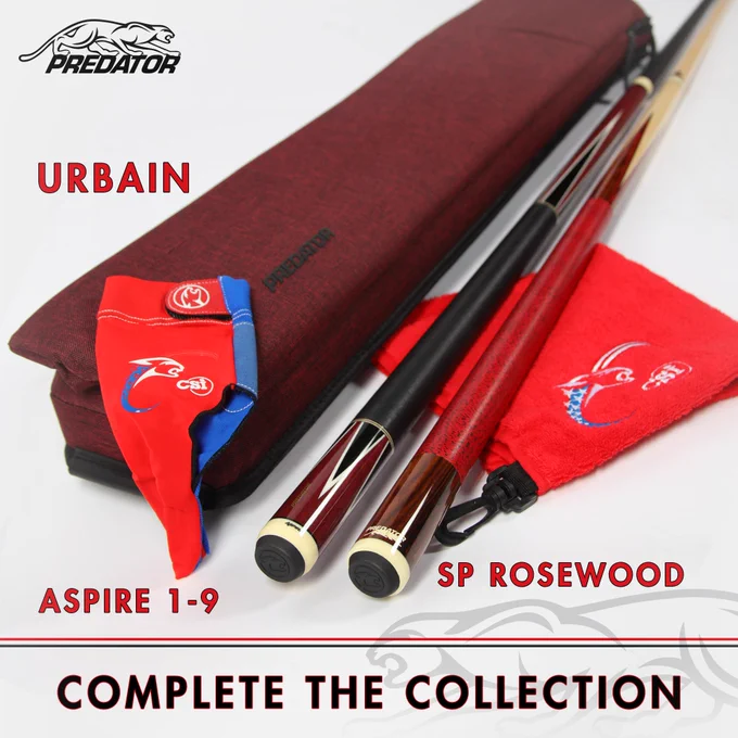 A collection of red pool cues and red billiards accessories by Predator Cues.