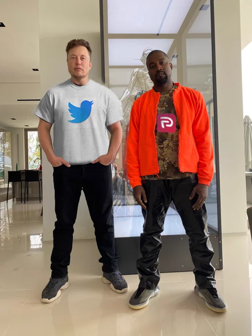 Elon Musk with the Twitter logo on his shirt and Kanye West with the Parler logo on his shirt.