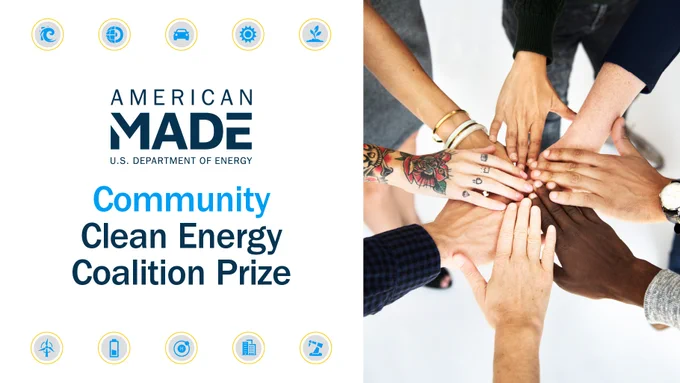 Hands in a circle with text, Community Clean Energy Coalition Prize. 