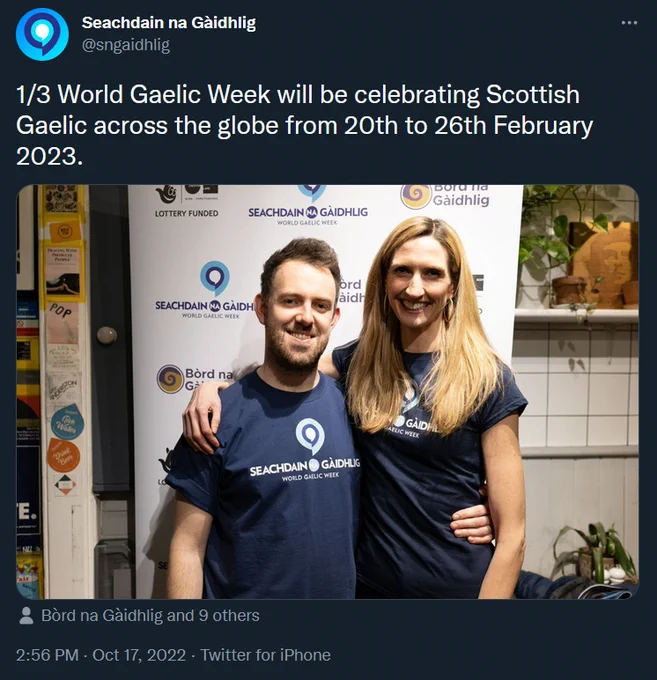 Screenshot of linked tweet. Reads, "1/3 World Gaelic Week will be celebrating Scottish Gaelic across the globe from 20th to 26th February 2023." 