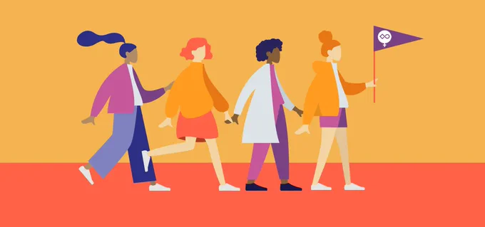 Illustration of four women lined up with one holding a flag representing females