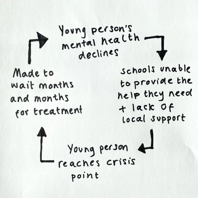 A circular flow chart that says:

Young person's mental health declines
Schools unable to provide the help they need, plus a lack of local support
Young person reaches crisis point
Made to wait months and months for treatment
