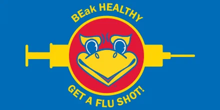 Illustration of a large needle with the Jayhawk beak graphic in the center. Text reads ”BEak HEALTHY, GET A FLU SHOT!”