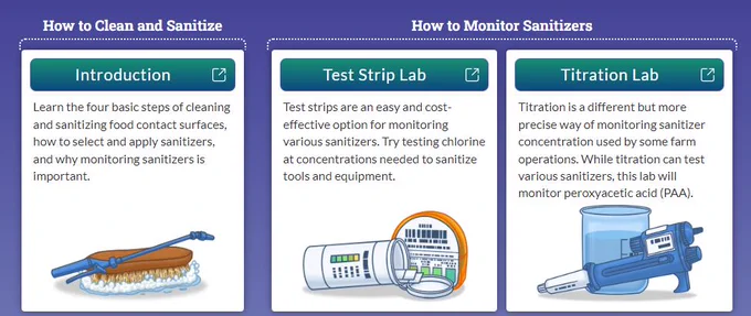Screenshot of online tool linked in the post showing all three interactive online learning modules, 1) How to Clean and Sanitize: Introduction, 2) How to Monitor Sanitizers: Test Strip Lab, and 3) How to Monitor Sanitizers: Titration Lab