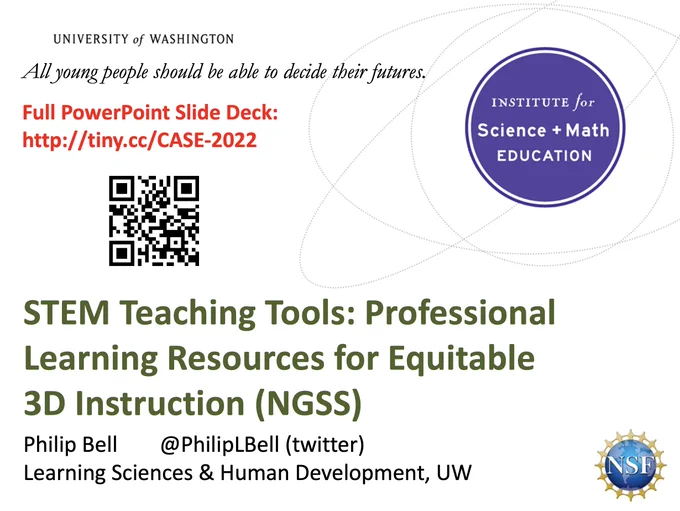 Screenshot of the title slide the presentation in the linked folder. Title: STEM Teaching Tools: Professional Learning Resources for Equitable  3D Instruction (NGSS)
