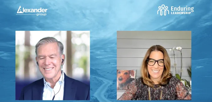 Gary Tubridy and Deb Cupp appear on two separate screens, over a blue background. White text above reads “The Alexander Group” and “Enduring Leadership.”