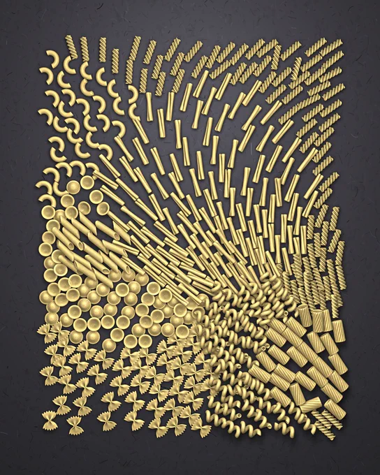 Various pasta shapes arranged in a swooping motion on a black background