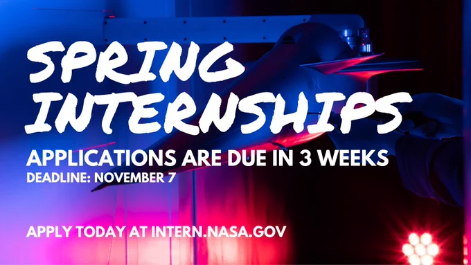 Spring Internship applications are due in 3 weeks! The deadline is November 7. Apply today at https://go.nasa.gov/3EVIjgn

In this image, a technician works on the X-59 model during testing in the low-speed wind tunnel. The X-59 is central to NASA’s Quesst mission to expand supersonic flight and provide regulators with data to help change existing national and international aviation rules that ban commercial supersonic flight over land. The aircraft is designed to produce a gentle thump instead of a sonic boom. The image has a blue light on the top left and pink/red light on the bottom left and no light on the right.